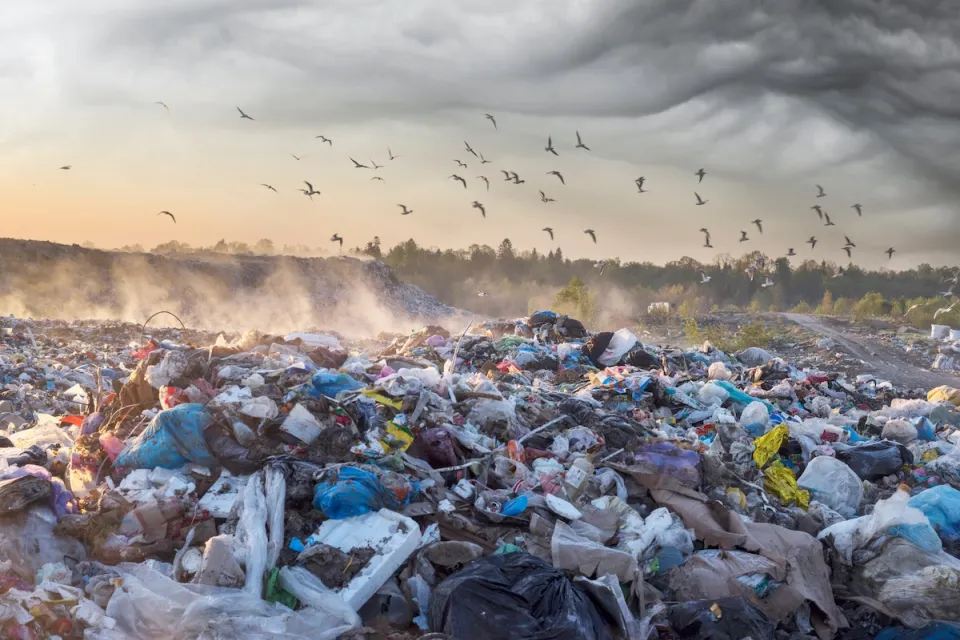 Large pile of unsorted garbage in landfill with birds flying above at sunrise or sunset.